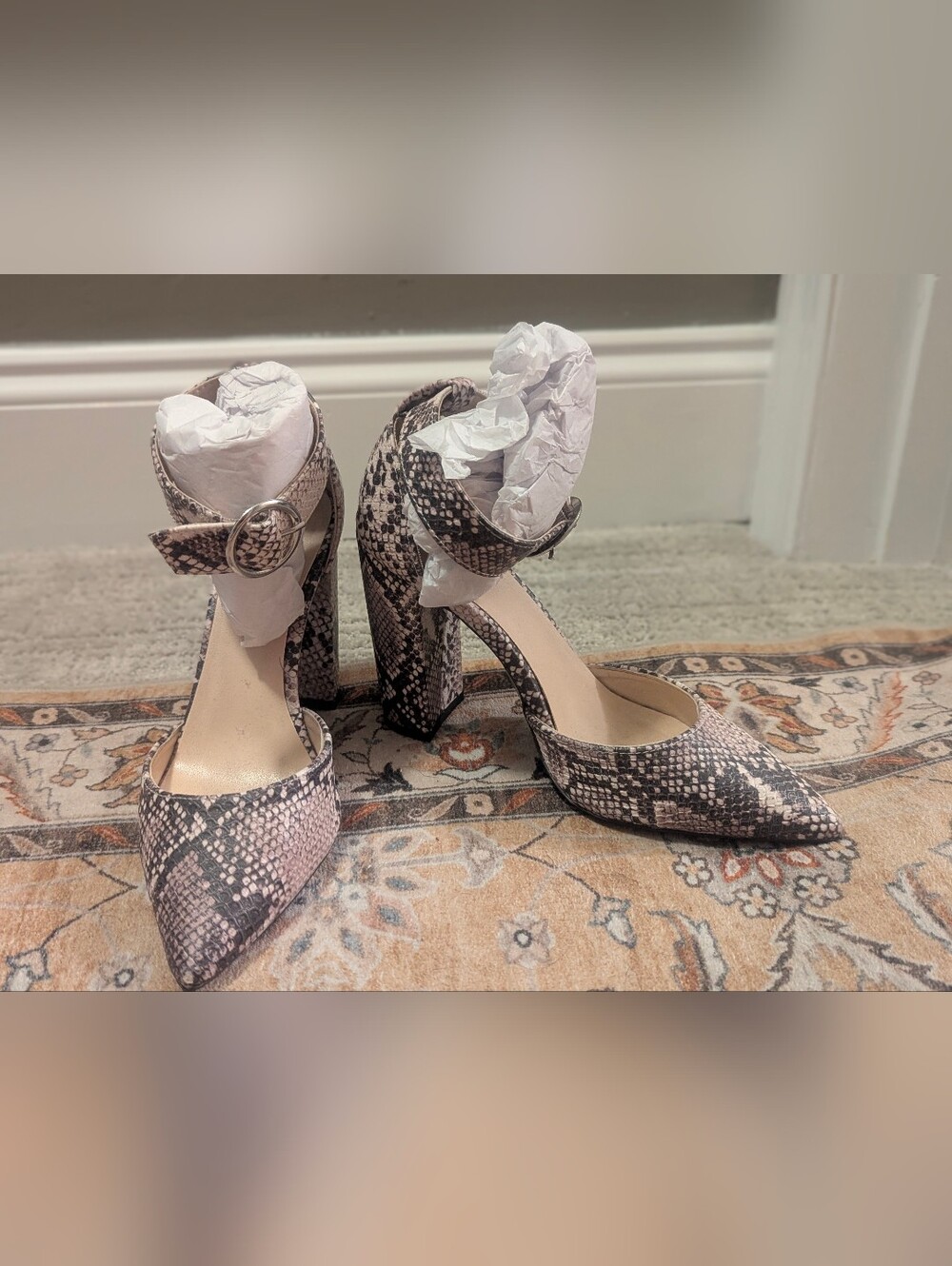 Snake Print Ankle Strap Block Heels